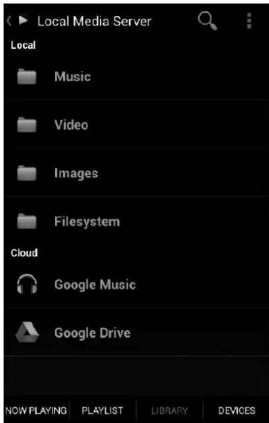 Local Media Server Local Music Video Images Filesystem Cloud Google Music Google Drive NOW PLAYING PLAYLIST LIBRARY DEVICES