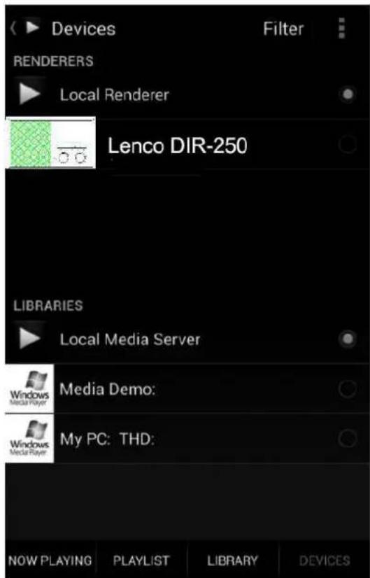 Devices Filter RENDERERS Local Renderer Lenco DIR-250 LIBRARIES Local Media Server Media Demo: My PC: THD: NOW PLAYING PLAYLIST LIBRARY DEVICES
