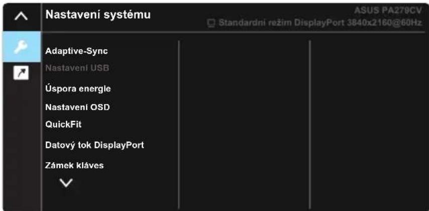 Nastavení systému ASUS PA279CV Standardní režim DisplayPort 3840x2160@60Hz Adaptive-Sync Nastavení USB Úspora energie Nastavení OSD QuickFit Datový tok DisplayPort Zámek kláves