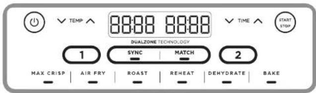 TEMP 88:88 88:88 TIME START STOP DUALZONE TECHNOLOGY 1 SYNC MATCH 2 MAX CRISP AIR FRY ROAST REHEAT DEHYDRATE BAKE