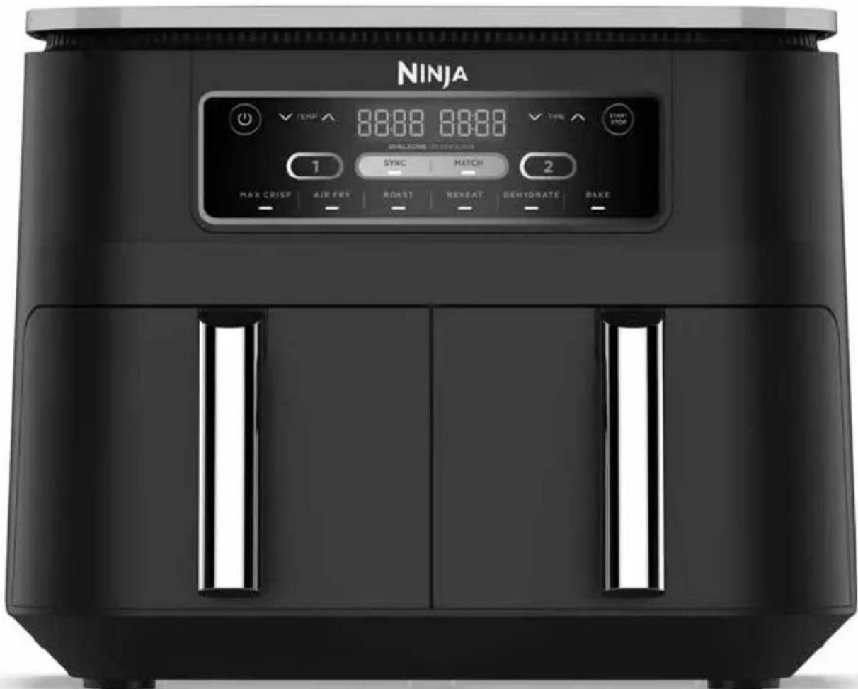 NINJA TEMP 0:00 0:00 TIME START STOP 1 SYNC MATCH 2 MAX CRISP AIR FRY ROAST REPEAT DEHYDRATE BAKE
