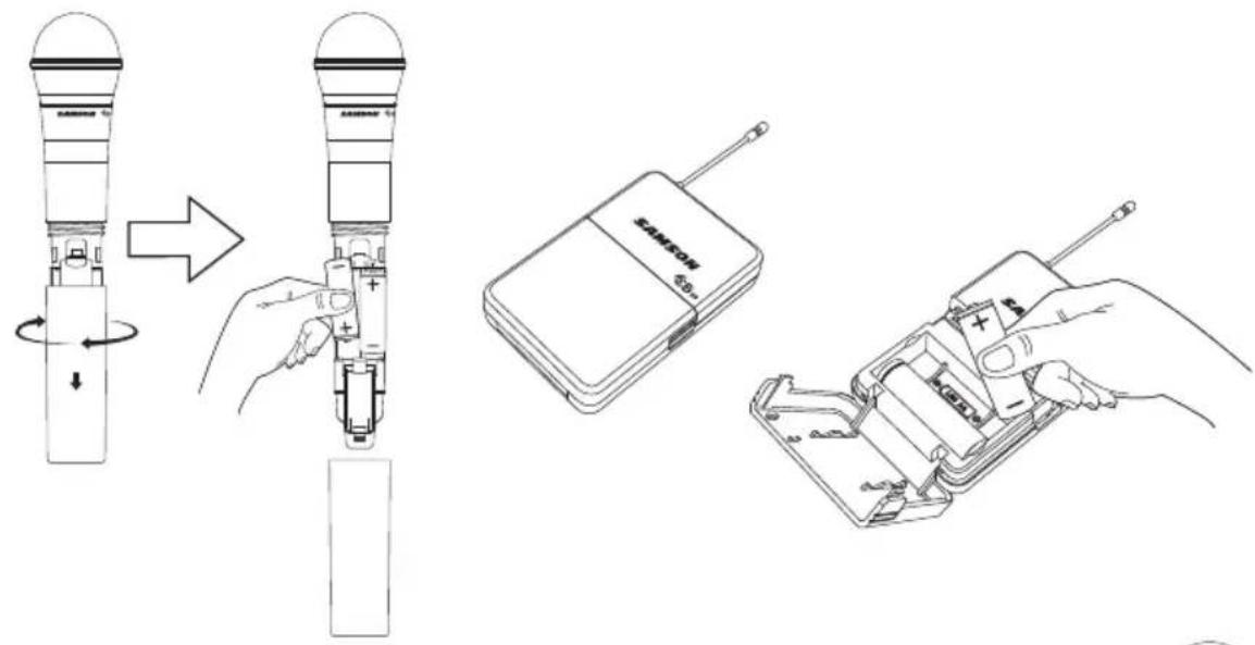 Diagram illustrating the step-by-step installation of a wireless device, showing hand positioning and battery charging process.