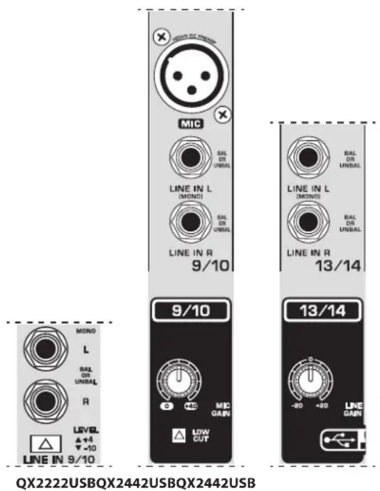 MONO L BAL UNIBAL R LEVEL ▲+4 ▼-10 LINE IN 9/10 MIC BAL OR UNIBAL LINE IN L (MONO) BAL OR UNIBAL LINE IN R 9/10 BAL OR UNIBAL LINE IN R (MONO) BAL OR UNIBAL LINE IN R 13/14 9/10 MIC GAIN LOW OUT 13/14 -20 +20 LINE GAIN QX2222USBQX2442USBQX2442USB