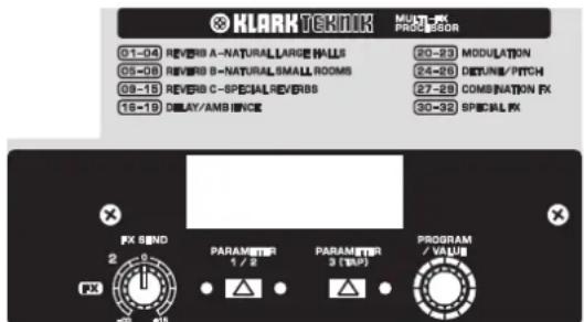 HLARK Teknik 01-04 REVERB A-NATURAL LARGE WALLS 05-08 REVERB B-NATURAL SMALL ROOMS 09-15 REVERB C-SPECIAL REVERB 16-19 DELAY/AMB FORCE 20-23 MODULATION 24-26 DETUNI/PITCH 27-28 COMBINATION FX 30-32 SPECIAL RX FX SIND 2 0 FX PARAMETER 1 / 2 PARAMETER 3 (WP) PROGRAM / VALU
