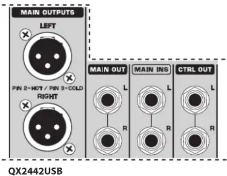 MAIN OUTPUTS LEFT PIN 2=HOT / PIN 3=COLD RIGHT MAIN OUT L R MAIN INS L R CTRL OUT L R QX2442USB