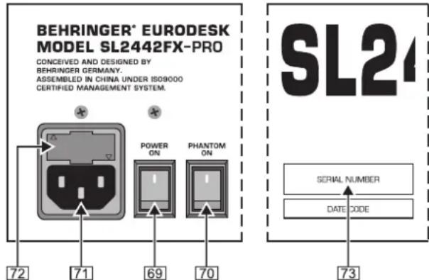 BEHRINGER® EURODESK MODEL SL2442FX-PRO CONCEIVED AND DESIGNED BY BEHRINGER GERMANY. ASSEMBLED IN CHINA UNDER ISO9000 CERTIFIED MANAGEMENT SYSTEM. POWER ON PHANTOM ON 72 71 69 70 SL24 SERIAL NUMBER DATE CODE 73