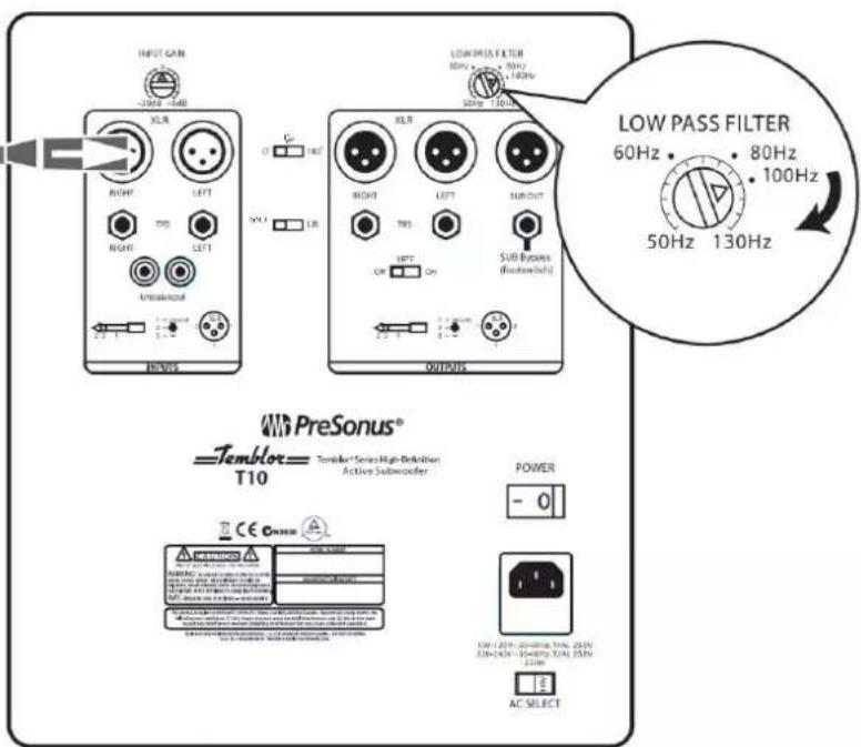 INPUT GAIN -20Hz -54Hz XLR RIGHT TWS LEFT RIGHT INTESMOOD 2.3 1 2.2 1 2.1 1 2.0 1 2.0 1 2.0 1 2.0 1 2.0 1 2.0 1 2.0 1 2.0 1 2.0 1 2.0 1 2.0 1 2.0 1 2.0 1 2.0 1 2.0 1 2.0 1 2.0 1 LOW PASS FILTER 80Hz • 80Hz • 100Hz 50Hz 130Hz LOW PASS FILTER 60Hz • 80Hz • 100Hz 50Hz 130Hz OUTPUTS PreSonus® = Temple® Symbol High-Deliction Active Subwoofer T10 POWER - 0 AC SELECT 10V: 12V, 20V, 30V, 40V, 50V, 60V, 70V, 80V, 90V, 100V, 110V, 120V, 130V, 140V, 150V, 160V, 170V, 180V, 190V, 200V, 210V, 220V, AC Select