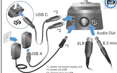 USB C *3 *2 USB A *1 *1: power via power supply unit *2: power via USB XLR Audio Out 6.3 mm