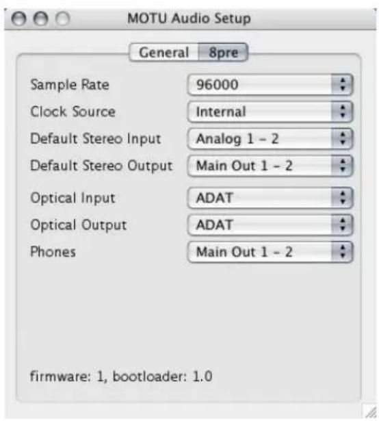 MOTU Audio Setup General 8pre Sample Rate 96000 Clock Source Internal Default Stereo Input Analog 1 - 2 Default Stereo Output Main Out 1 - 2 Optical Input ADAT Optical Output ADAT Phones Main Out 1 - 2 firmware: 1, bootloader: 1.0