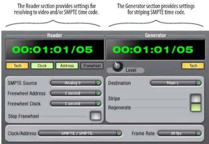 The Reader section provides settings for resolving to video and/or SMPTE time code. The Generator section provides settings for striping SMPTE time code. Reader 00:01:01/05 Generator 00:01:01/05 Tach Clock Address Freewheel Level Tach SMPTE Source Analog 8 Freewheel Address 1 second Freewheel Clock 1 second Stop Freewheel Destination Main L Stripe Regenerate Clock/Address SMPTE / SMPTE Frame Rate 30 fps