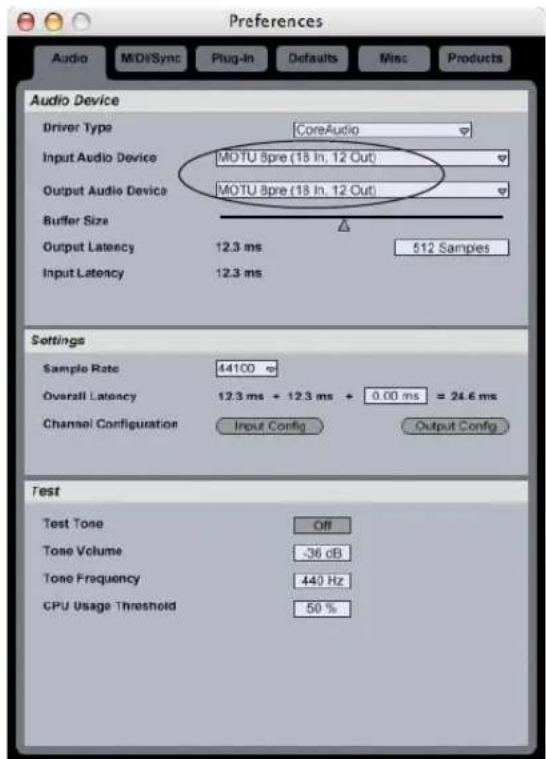 Preferences Audio MDRSync Plug-In Defaults Misc Products Audio Device Driver Type CoreAudio Input Audio Device MOTU 8pre (18 In, 12 Out) Output Audio Device MOTU 8pre (18 In, 12 Out) Buffer Size Output Latency 12.3 ms 512 Samples Input Latency 12.3 ms Settings Sample Rate 44100 Overall Latency 12.3 ms + 12.3 ms + 0.00 ms = 24.6 ms Channel Configuration Input Config Output Config Test Test Tone Off Tose Volume -36 dB Tose Frequency 440 Hz CPU Usage Threshold 50 %