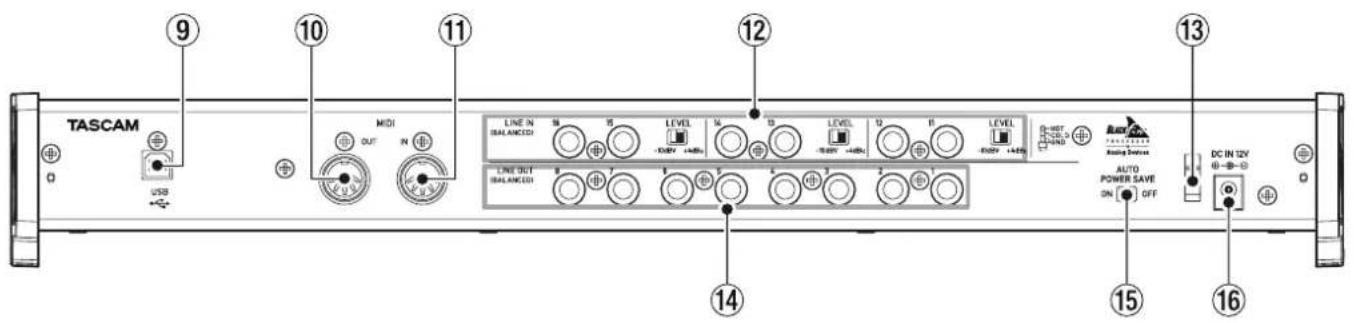 TASCAM USB MIDI OUT IN LINE IN BALANCED LEVEL 16 15 14 13 12 11 10 9 12 13 14 LEVEL BALANCED LEVEL 13 12 11 10 9 8 7 6 5 4 3 2 15 DC IN 12V AUTO POWER SAVE ON OFF AUTO POWER STOP RHOUST HOLD CO. N/A N/A N/A N/A N/A N/A N/A N/A N/A N/A
