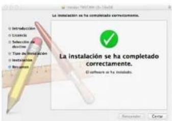 La instalación se ha completado correcimiento. ○ Introducción ○ Licencia ○ Desicción de desicción ○ Tipo de instalación ○ Instalación ○ Recuperón La instalación se ha completado correctamente. El software es la instalado.