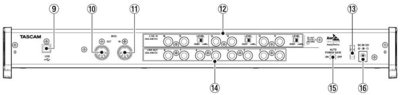 TASCAM 9 10 11 MIDI OUT N LINE IN BALANCED LEVEL 12 13 14 LINE OUT BALANCED LEVEL 15 DC IN 12V AUTO POWER SAVE ON OFF