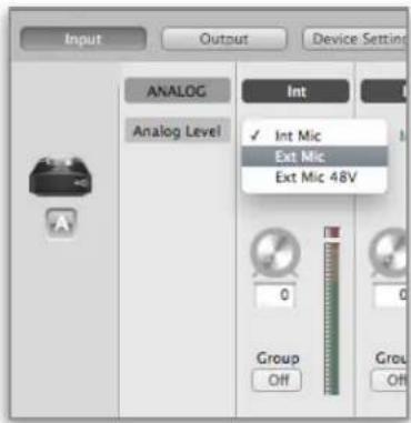 Input Output Device Setting ANALOG Analog Level Int ✓ Int Mic Ext Mic Ext Mic 48V 0 Group Off Group Off