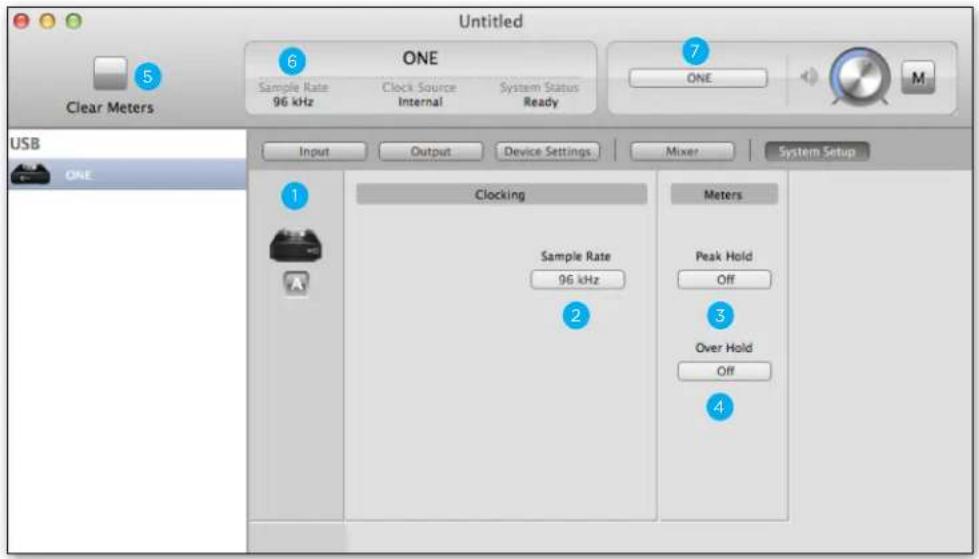 Untitled 6 ONE Sample Rate 96 kHz Clock Source Internal System Status Ready 7 ONE M Clear Meters USB ONE Input Output Device Settings Mixer System Setup 1 Clocking Sample Rate 96 kHz 2 Meters Peak Hold Off 3 Over Hold Off 4