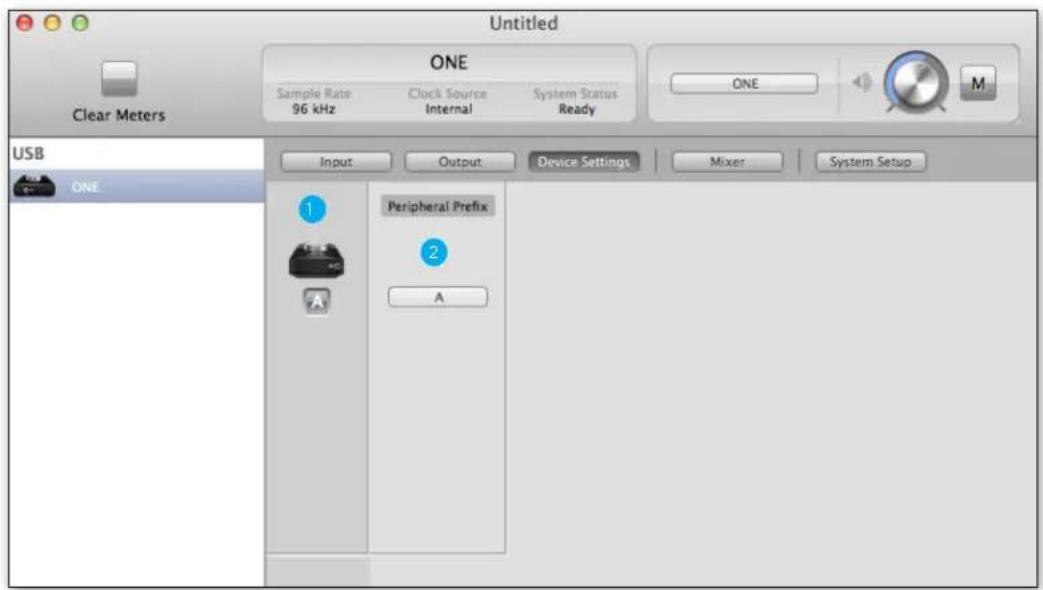 Untitled ONE Sample Rate 96 kHz Clock Source Internal System Status Ready ONE M Clear Meters USB ONE Input Output Device Settings Mixer System Setup Peripheral Prefix A 2