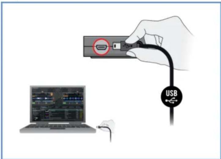 Diagram showing a hand inserting a USB to a laptop, with a device labeled 'USB' attached via cable.