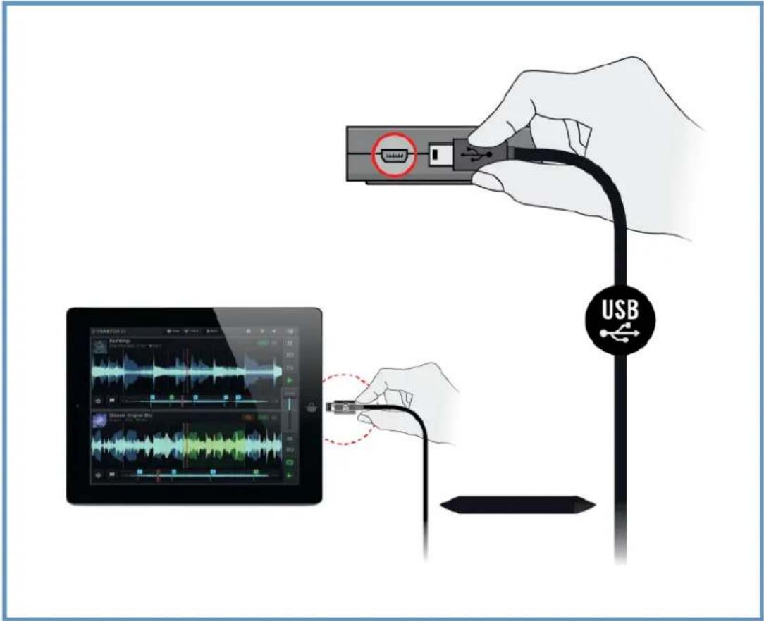 Illustration showing USB connection to a device via USB cable, with waveform display and USB logo visible