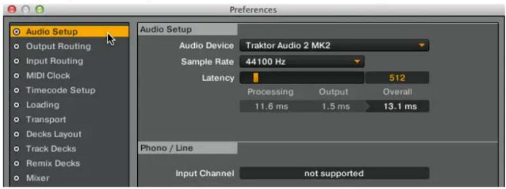 Preferences Audio Setup Output Routing Input Routing MIDI Clock Timecode Setup Loading Transport Decks Layout Track Decks Remix Decks Mixer Audio Setup Audio Device Traktor Audio 2 MK2 Sample Rate 44100 Hz Latency 512 Processing Output Overall 11.6 ms 1.5 ms 13.1 ms Phono / Line Input Channel not supported