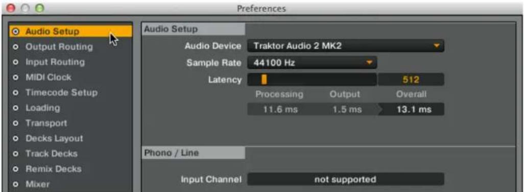 Preferences Audio Setup Output Routing Input Routing MIDI Clock Timecode Setup Loading Transport Decks Layout Track Decks Remix Decks Mixer Audio Setup Audio Device Traktor Audio 2 MK2 Sample Rate 44100 Hz Latency 512 Processing Output Overall 11.6 ms 1.5 ms 13.1 ms Phono / Line Input Channel not supported