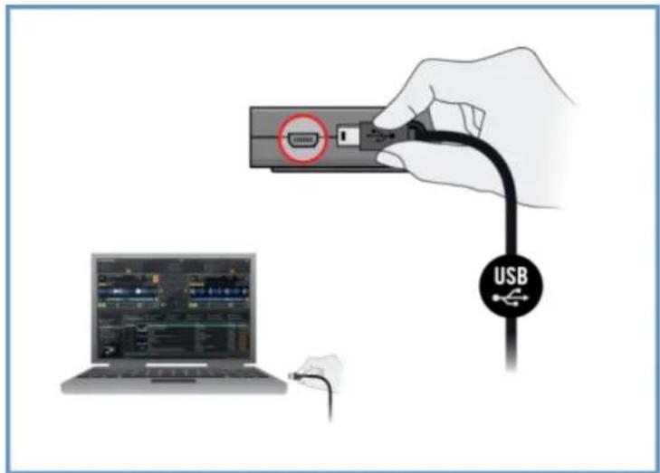 Illustration showing a hand inserting a USB cable into a laptop, with a device labeled 'USB' and a red circular icon indicating the USB port.