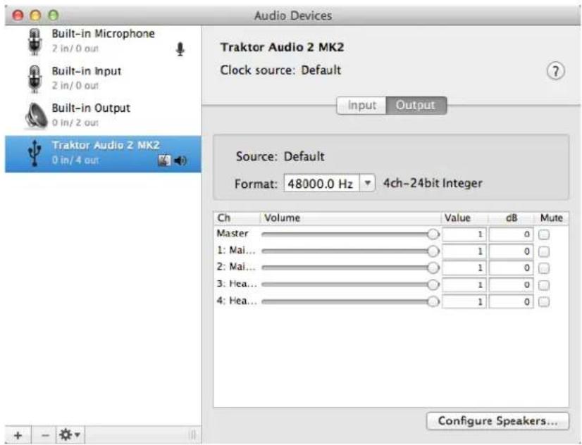 Audio Devices Built-in Microphone 2 in/0 out Built-in Input 2 in/0 out Built-in Output 0 in/2 out Traktor Audio 2 MK2 0 in/4 out Traktor Audio 2 MK2 Clock source: Default Input Output Source: Default Format: 48000.0 Hz ▼ 4ch-24bit Integer Ch Volume Value dB Mute Master 1 0 1: Mai... 1 0 2: Mai... 1 0 3: Hea... 1 0 4: Hea... 1 0 Configure Speakers...