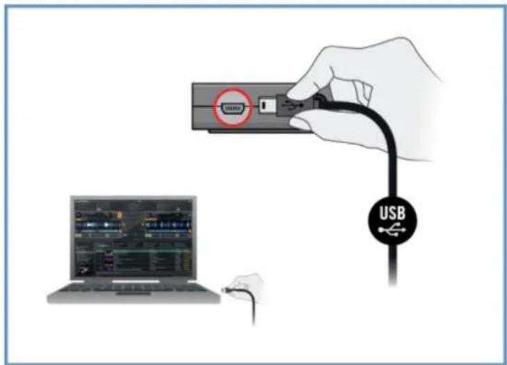 Illustration showing a hand connecting an USB cable to a laptop, with a close-up of the device screen.