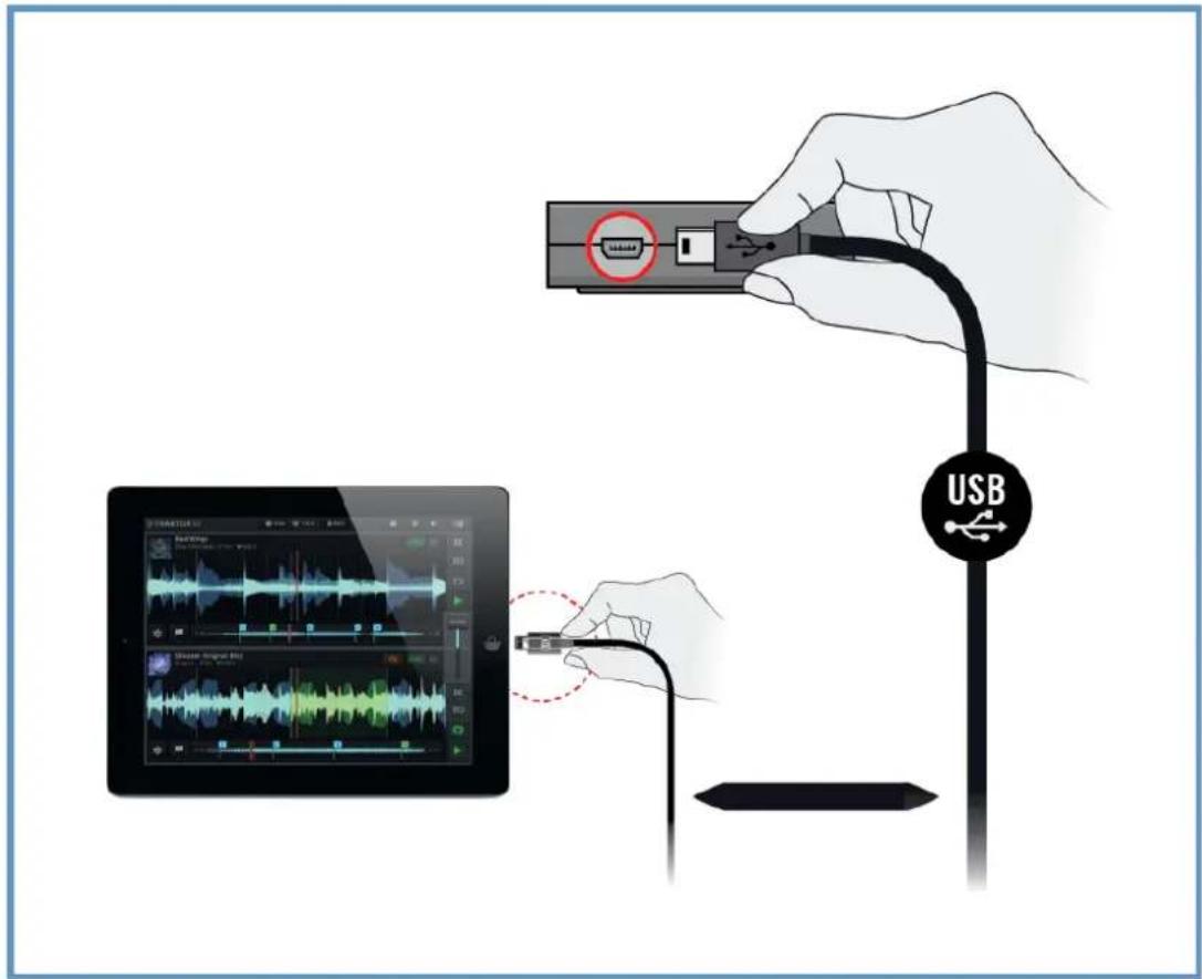 Illustration showing USB connection to a device via USB cable, with a hand holding the connector and a small screen displaying audio.