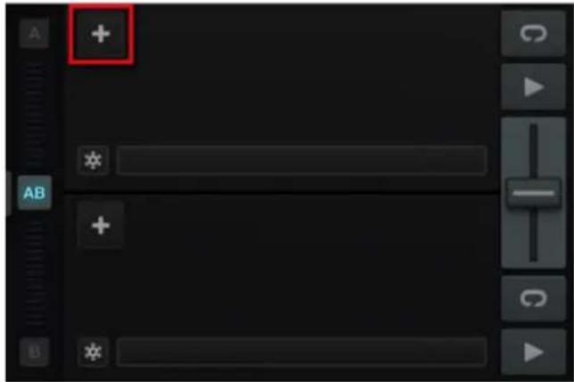 Screenshot of a media player interface with playback controls and a red action button labeled '+'