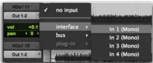 HDx1 11 out 1-2 vol +5.1 pan > 0 HDx1 10 out 1-2 no input interface bus plug-in In 1 (Mono) In 2 (Mono) In 3 (Mono) In 4 (Mono)