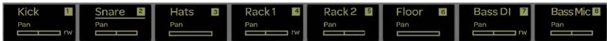 Kick 1 Pan rw Snare 2 Pan Hats 3 Pan Rack 1 4 Pan rw Rack 2 5 Pan Floor 6 Pan Bass DI 7 Pan rw Bass Mic 8 Pan