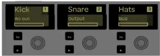 Kick 1 no out Snare 2 output Hats 3 bus Sw Sw Sw Sw In