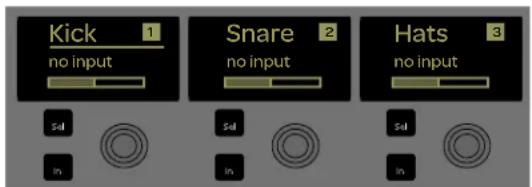 Kick 1 no input Snare 2 no input Hats 3 no input Sal In Sal In Sal In
