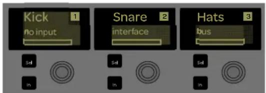 Kick 1 no input Snare 2 interface Hats 3 bus Sel Sel in In Sel In in In