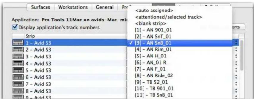 Surfaces Workstations General Pr Application: Pro Tools 11Mac on avids-Mac-mi ✓ Display application's track numbers Strip 1 - Avid S3 2 - Avid S3 3 - Avid S3 4 - Avid S3 5 - Avid S3 6 - Avid S3 7 - Avid S3 8 - Avid S3 9 - Avid S3 auto assigned > attentioned/selected track > blank strip > [1] - AN 901_01 [2] - AN SnT_01 ✓ [3] - AN SnB_01 [4] - AN Rim_01 [5] - AN H_01 [6] - AN_01 R [7] - AN F_01 [8] - AN Ride_02 [9] - TB 52_01 [10] - TB 901_01 [11] - TB SnB_01