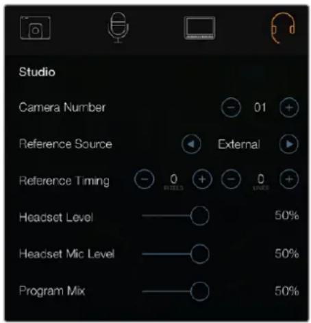 Studio Camera Number 01 Reference Source External Reference Timing 0 RICHES + - 0 LINES Headset Level 50% Headset Mic Level 50% Program Mix 50%