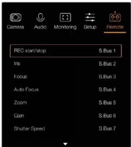 Camera Audio Monitoring Setup Remote REC start/stop S.Bus 1 Iris S.Bus 2 Focus S.Bus 3 Auto Focus S.Bus 4 Zoom S.Bus 5 Gain S.Bus 6 Shutter Speed S.Bus 7