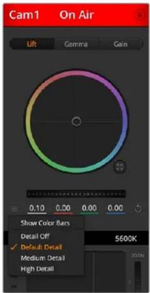 Cam1 On Air Lift Gamma Gain 0.10 0.00 0.00 0.00 Show Color Bars Detail Off ✓ Default Detail Medium Detail High Detail 5600K