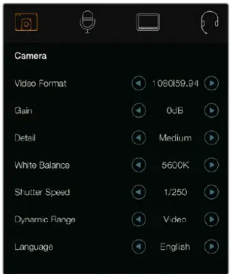 Camera Video Format 1080159.94 Gain 0dB Detail Medium White Balance 5600K Shutter Speed 1/250 Dynamic Range Video Language English