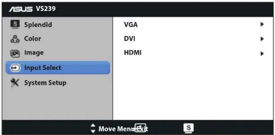 ASUS VS239 Splendid Color Image Input Select System Setup VGA DVI HDMI Move Menu Exit