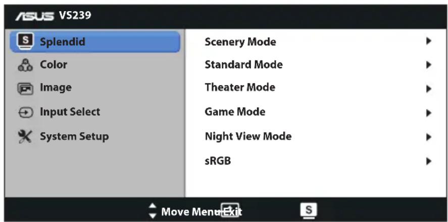 ASUS VS239 Splendid Color Image Input Select System Setup Scenery Mode Standard Mode Theater Mode Game Mode Night View Mode sRGB Move Menu Exit