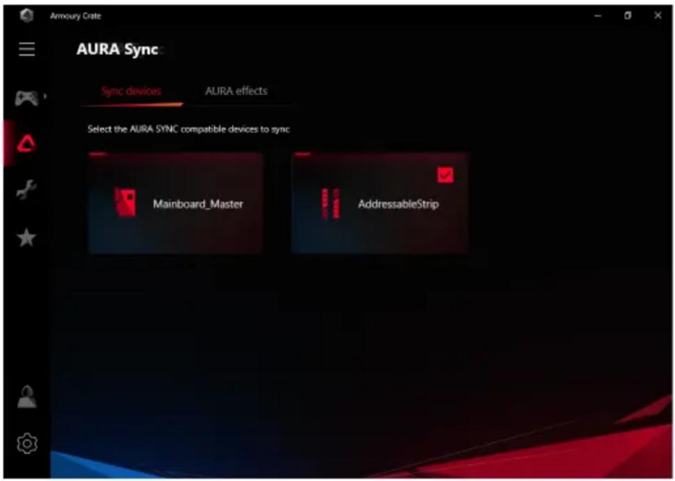 Armoury Crate AURA Sync Sync devices AURA effects Select the AURA SYNC compatible devices to sync Mainboard_Master AddressableStrip