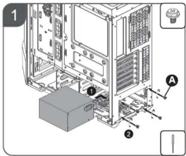 Technical diagram of a computer tower with labeled components and parts, including a base case and screwdriver.