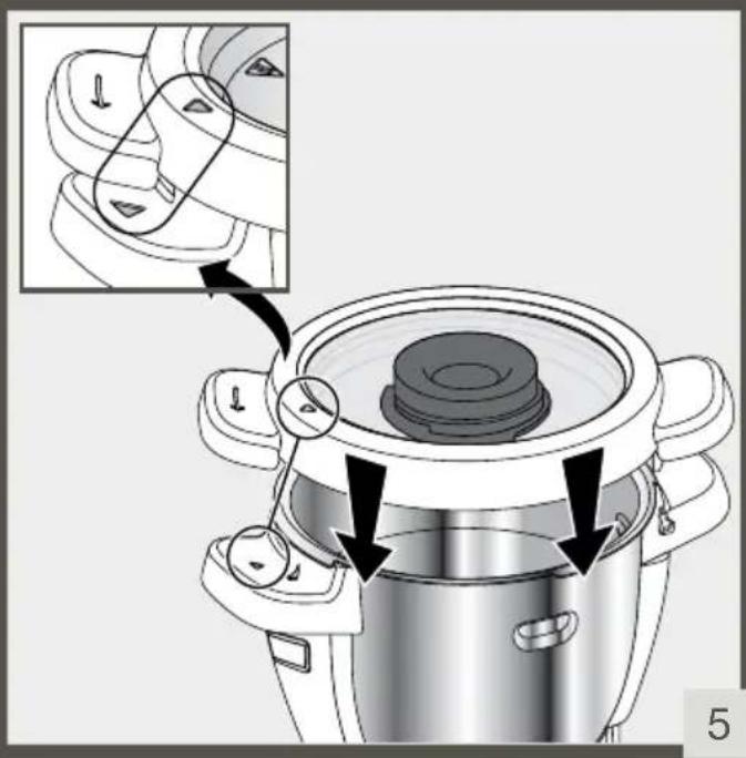 Diagram showing a cooking pot with arrows indicating a step, including a close-up of the component being inserted.
