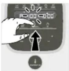 Diagram showing a hand pressing a button on a digital timer or dial, with an arrow and a 'DOWN' button labeled 'DOWN', indicating a process step.