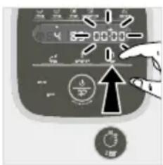 Control panel interface with directional arrows and labeled buttons, showing a hand pointing to a dial indicator.
