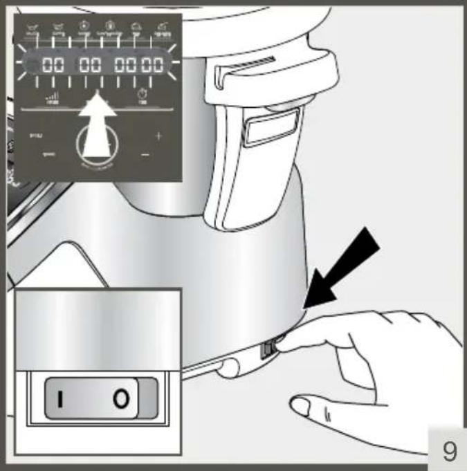 Diagram showing a hand using a kitchen blender with an air conditioner control panel and a black arrow indicating action.