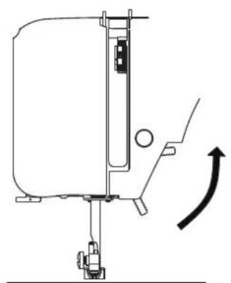 Technical line drawing of a mechanical assembly with a curved arrow indicating rotation (no text or symbols)