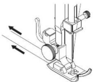 Technical line drawing of a sewing machine with directional arrows indicating motion (no text or symbols)